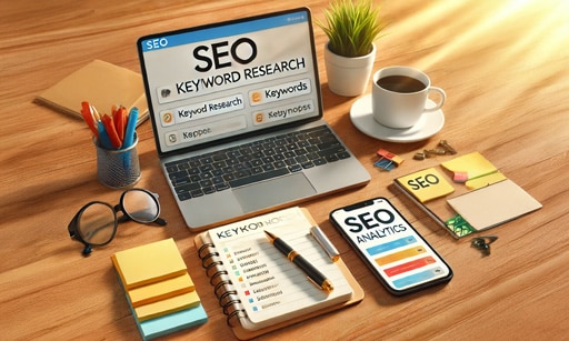 Illustration réaliste d'un espace de travail SEO avec des outils de recherche de mots-clés en français, un ordinateur affichant des mots-clés, un carnet de notes, et un smartphone avec des analyses SEO.
