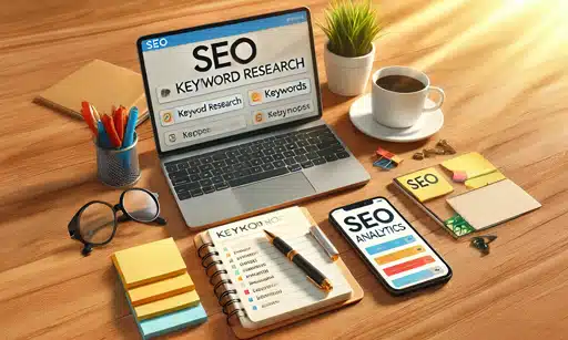 Illustration réaliste d'un espace de travail SEO avec des outils de recherche de mots-clés en français, un ordinateur affichant des mots-clés, un carnet de notes, et un smartphone avec des analyses SEO.