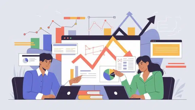 Deux experts travaillant sur des un accompagnement SEO avec graphiques, tableaux et outils analytiques affichés sur écran