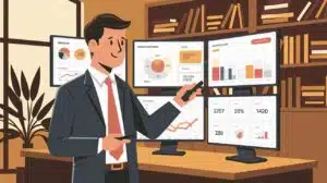 Illustration d'une stratégie d'acquisition de trafic avec un tableau de bord SEO, graphiques et leviers marketing