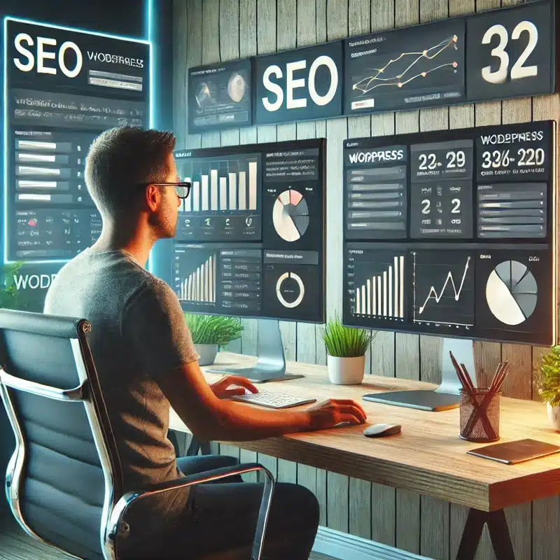 Un consultant freelance SEO WordPress travaillant sur l’optimisation d’un site Web, avec un tableau de bord affichant des statistiques SEO et des outils d’analyse.