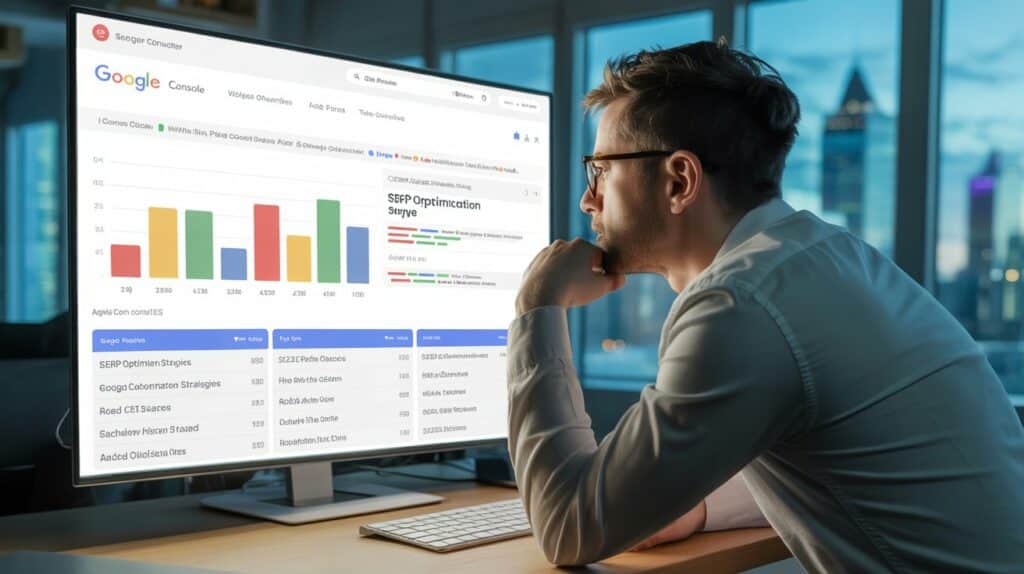 Consultant SEO analysant les performances d’un site web avec des graphiques d’audience, Search Console et mots-clés visibles à l’écran