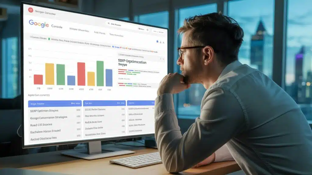 Consultant SEO analysant les performances d’un site web avec des graphiques d’audience, Search Console et mots-clés visibles à l’écran