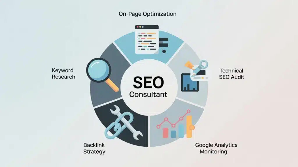 Infographie illustrant les missions principales d’un consultant SEO : recherche de mots clés, optimisation on-page, audit technique, stratégie de backlinks, suivi via Google Analytics