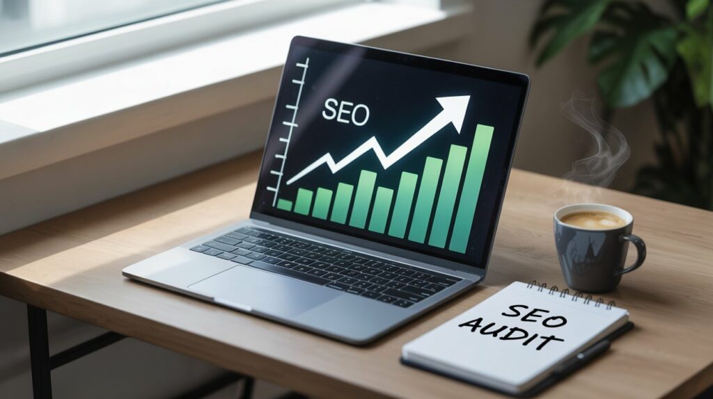 Audit SEO à Rennes avec analyse de performance sur ordinateur portable et courbes de progression