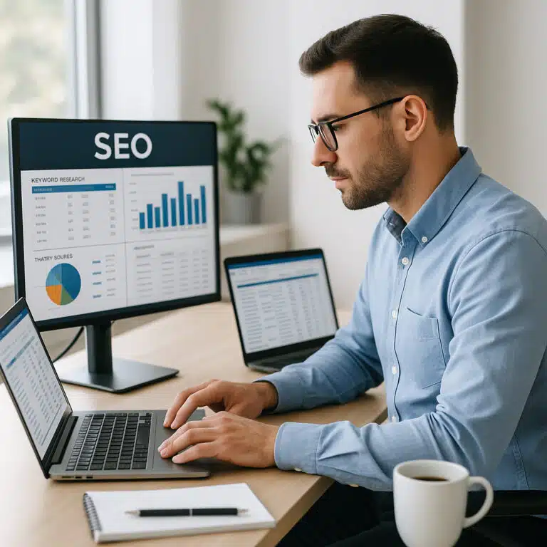Un bon consultant SEO travaillant sur des outils d’analyse de mots-clés et des tableurs SEO sur deux écrans
