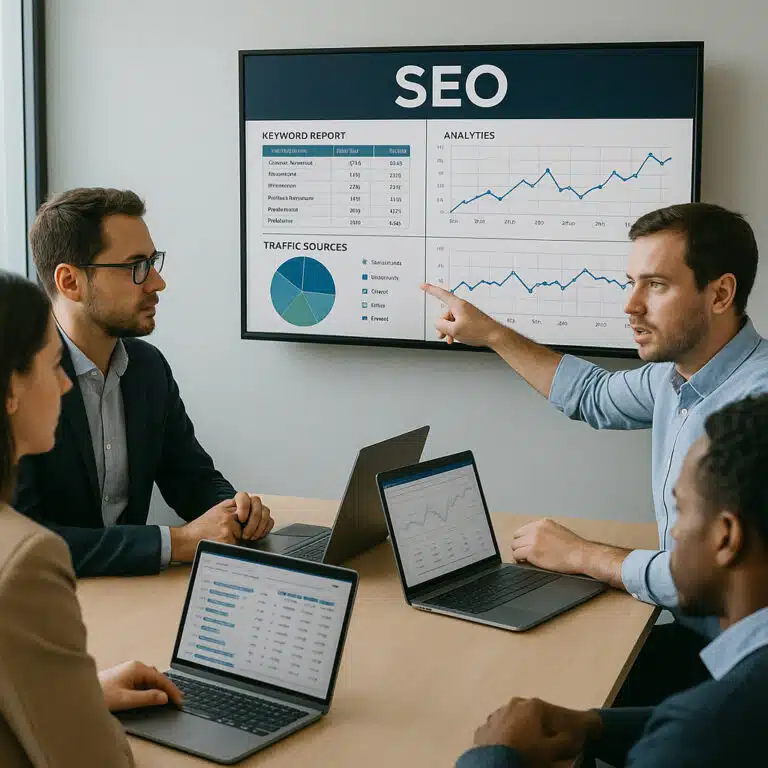 Une équipe de bons consultants SEO analysant une stratégie de référencement naturel avec des tableurs et graphiques
